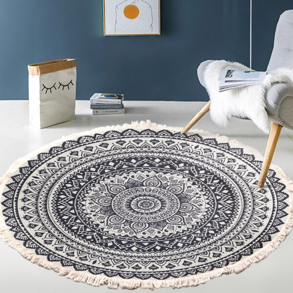 Cotton Linen Vintage Bedside Mat Fringe Print Round Rug - Image 10