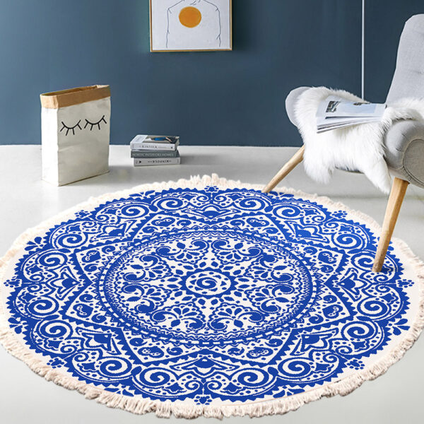 Cotton Linen Vintage Bedside Mat Fringe Print Round Rug - Image 8