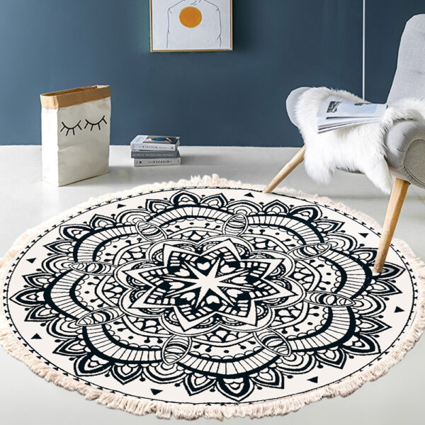 Cotton Linen Vintage Bedside Mat Fringe Print Round Rug - Image 9