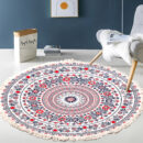 Cotton Linen Vintage Bedside Mat Fringe Print Round Rug