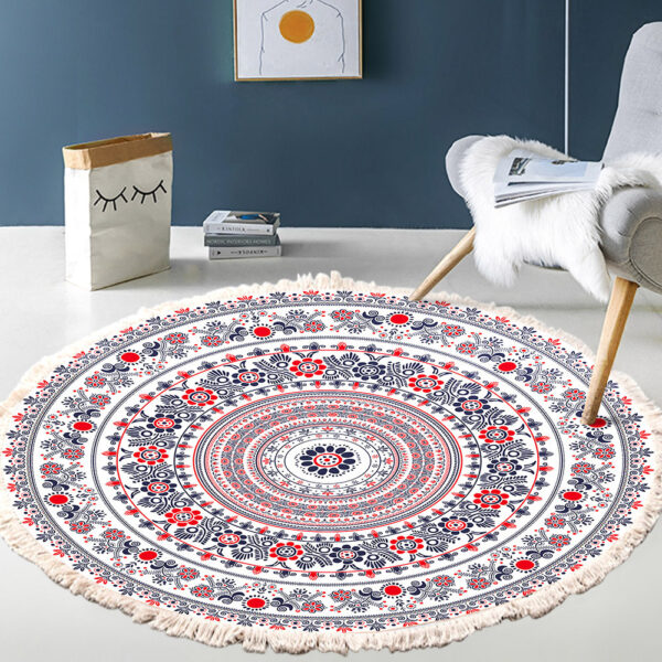 Cotton Linen Vintage Bedside Mat Fringe Print Round Rug - Image 6