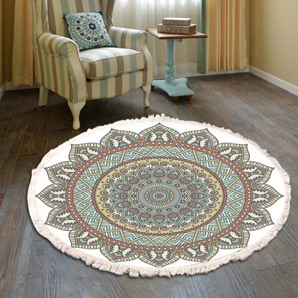 Cotton Linen Vintage Bedside Mat Fringe Print Round Rug - Image 3