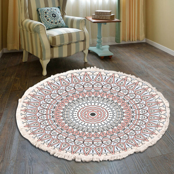 Cotton Linen Vintage Bedside Mat Fringe Print Round Rug - Image 2