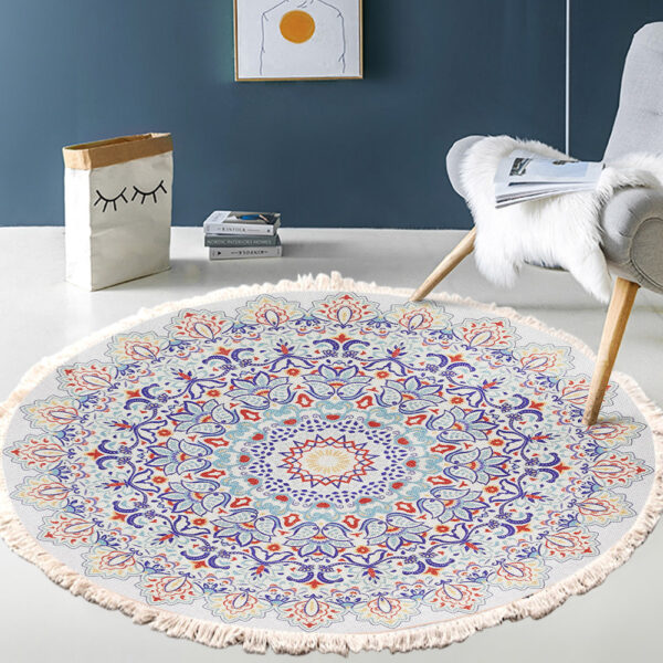 Cotton Linen Vintage Bedside Mat Fringe Print Round Rug - Image 7